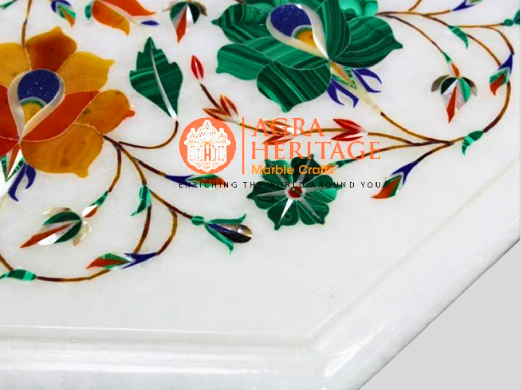 Marble White Corner Table Top Malachite Carnelian Inlaid Art